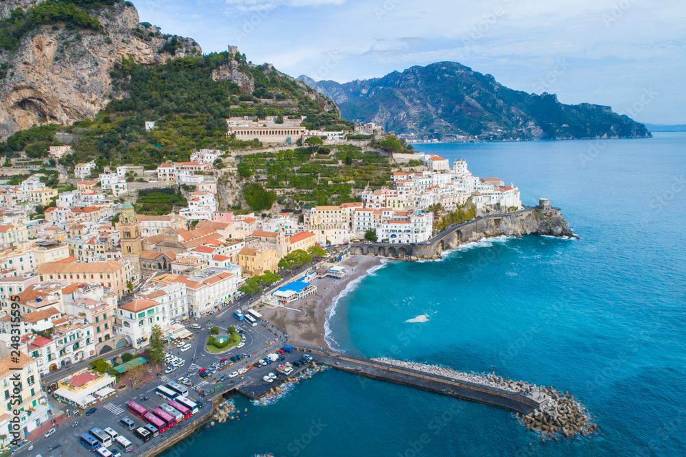 aerial view from drone to curved coast of Amalfi coast in Italy