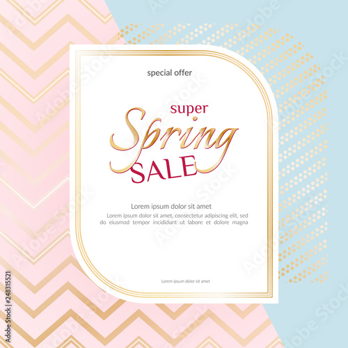 Banner Spring Sale Elegant golden specks zigzag pink background Luxury card banner for advertising sale promotions discounts Beautiful spring summer theme of fashion advertising sale discount Vector