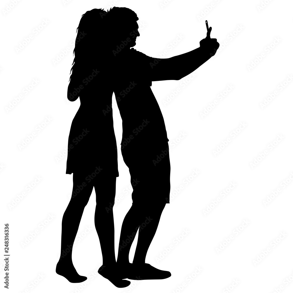 Silhouettes man and woman taking selfie with smartphone on white background Silhouettes man and woman taking selfie with smartphone on white background
