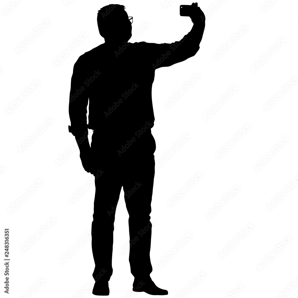 Silhouettes man taking selfie with smartphone on white background Silhouettes man taking selfie with smartphone on white background
