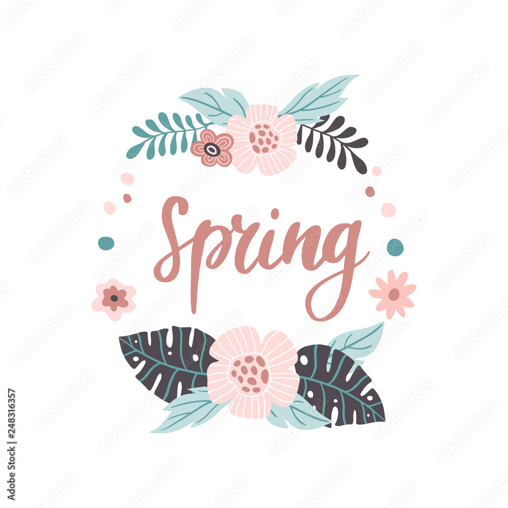 Lovely hand-drawn Spring banner. Vector illustration with pink flowers and leaves. Great for banner, website, flyer, postcard or print.