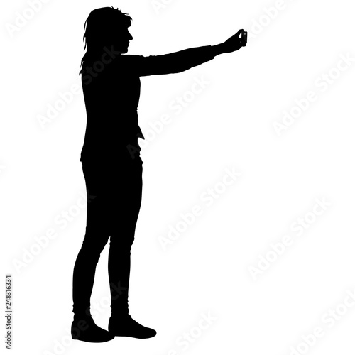 Silhouettes woman taking selfie with smartphone on white background
