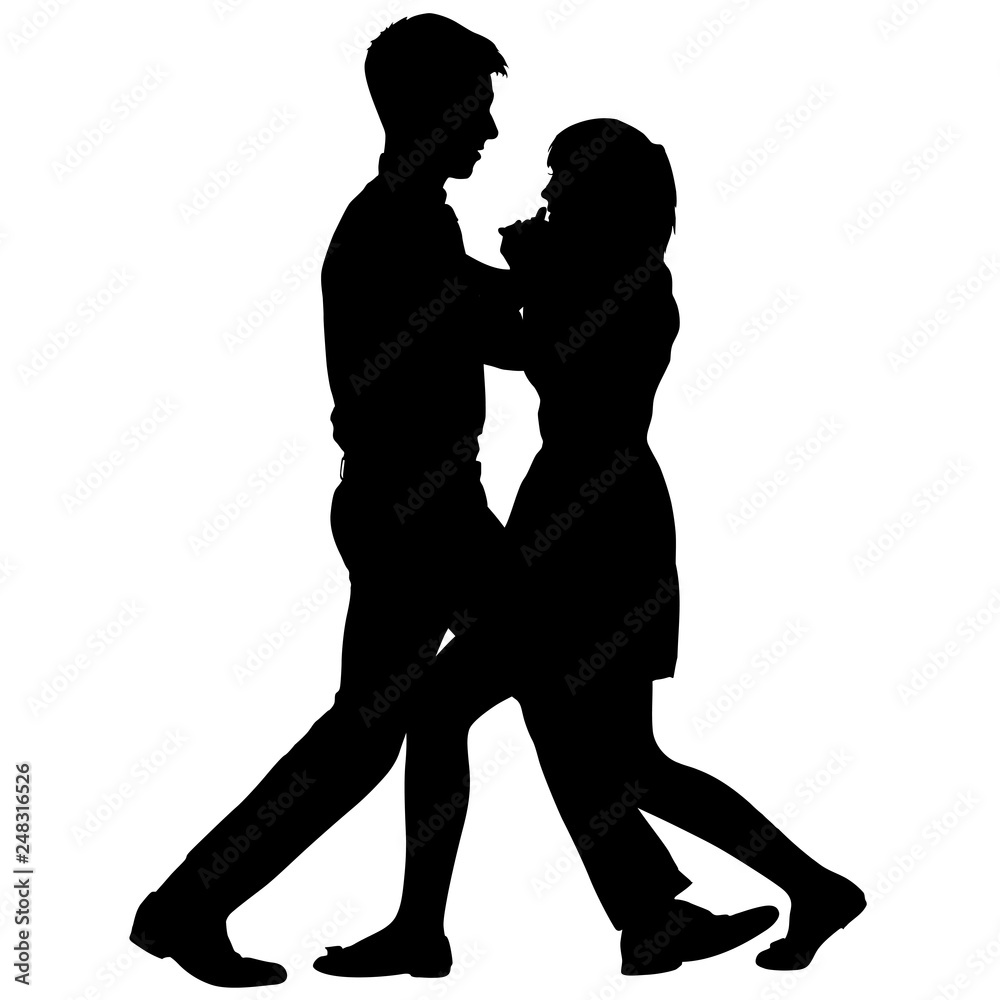 Black silhouettes dancing man and woman on white background