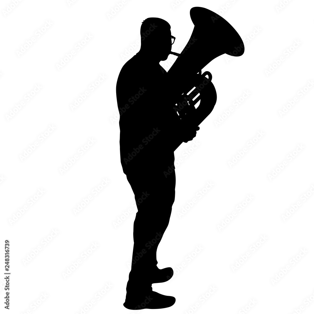 Silhouette of musician playing the tuba on a white background