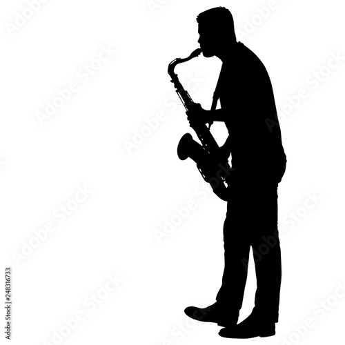 Silhouette of musician playing the saxophone on a white background