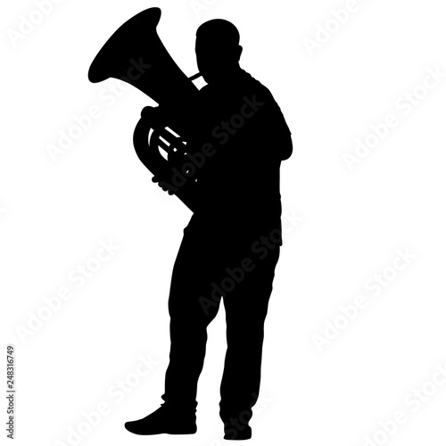 Silhouette of musician playing the tuba on a white background