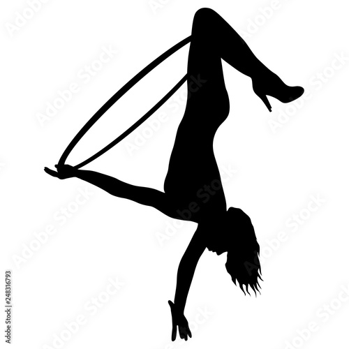 Silhouette woman doing some acrobatic elements aerial hoop on a white background