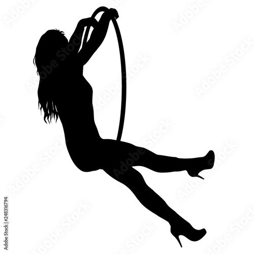 Silhouette woman doing some acrobatic elements aerial hoop on a white background