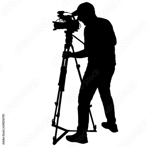 Cameraman with video camera. Silhouettes on white background