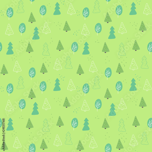 Seamless pattern of green tree.Seamless pattern included in swatch panel.Vector background. Hand drawn