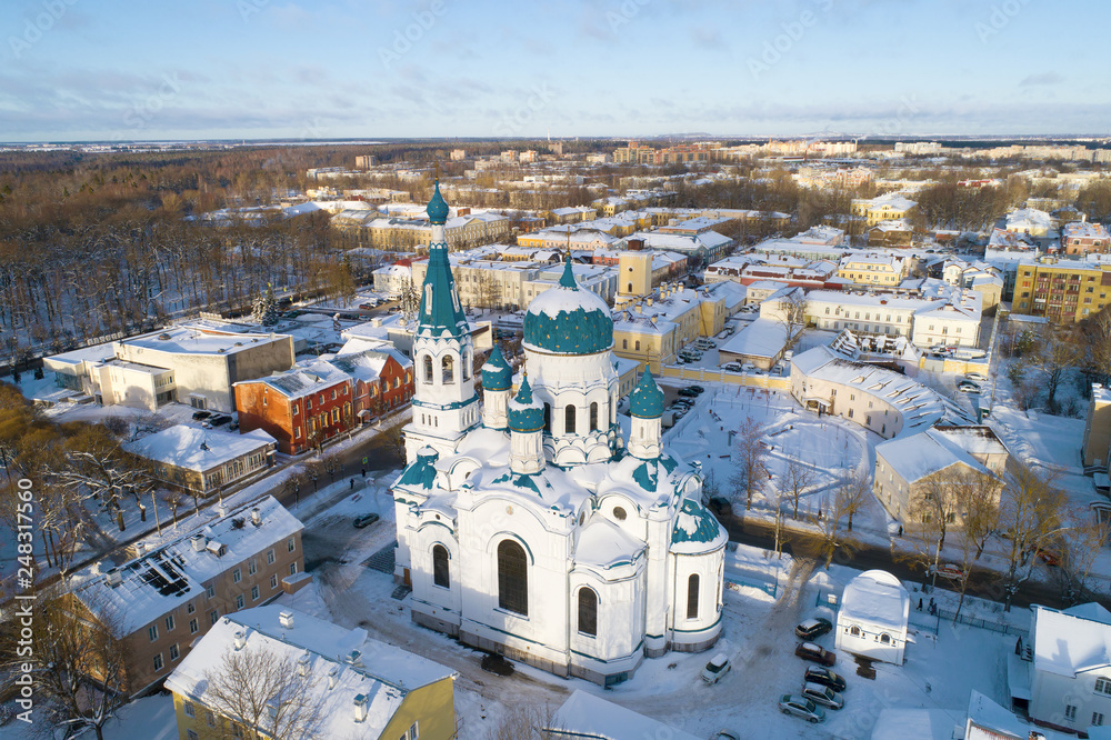 Obraz premium Cathedral of the Intercession of the Blessed Virgin Mary close-up on January day (aerial photography). Gatchina, Russia