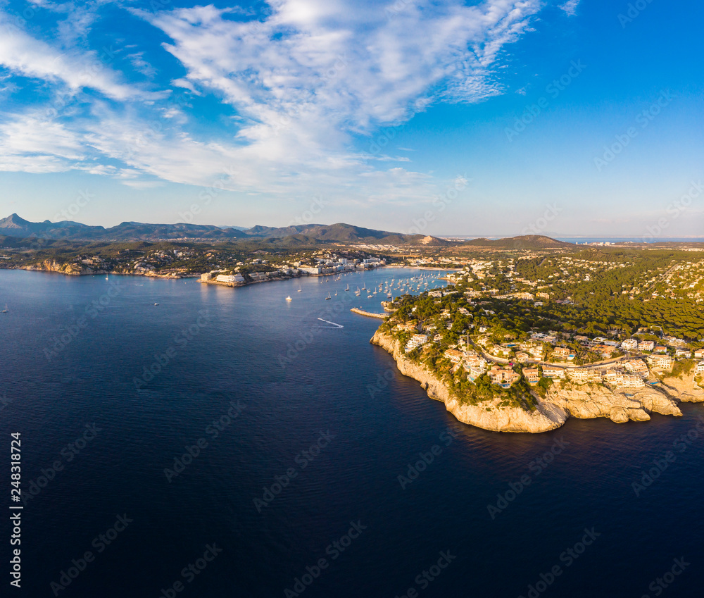Aerial view, Islas Malgrats at dusk, Santa Ponsa, Calvia region, Mallorca, Balearic Islands, Spain