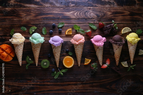 Ice cream cones on wood table