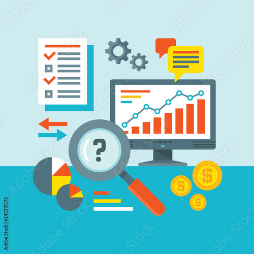 Infographic finance concept vector illustration in flat design style. Web analytics information and development website statistic. Computer, checklist, message, money dollar, gear, arrows. SEO. 