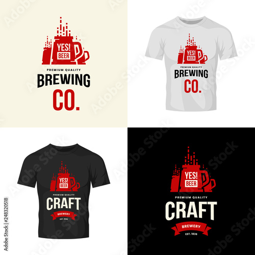 Modern craft beer drink vector logo sign for bar, pub, store, brewhouse or brewery isolated on t-shirt mock up. Premium quality mug logotype illustration set. Brewing fest fashion badge design bundle.