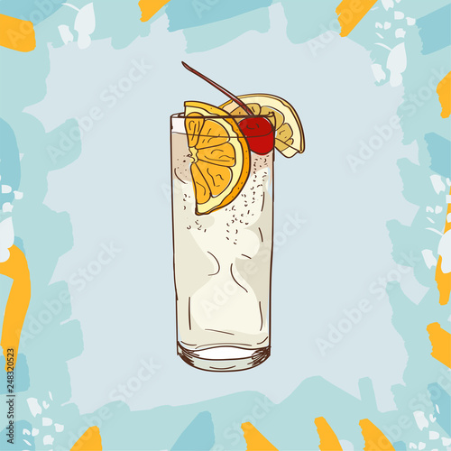 Tom Collins cocktail illustration. Alcoholic classic bar drink hand drawn vector. Pop art
