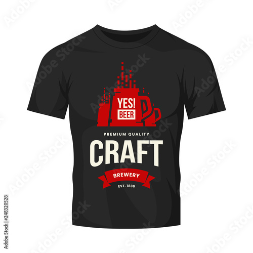 Modern craft beer drink vector logo sign for bar, pub, store, brewhouse or brewery isolated on black t-shirt mock up. Premium quality mug logotype illustration. Brewing fest fashion badge design.