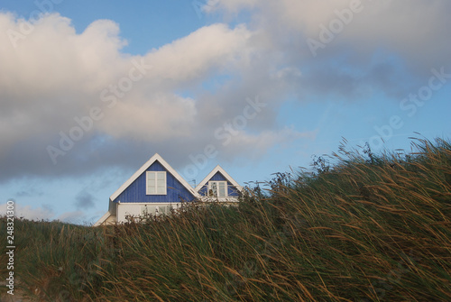 Coast of Denmark, white house at the dunes, grass in the foreground