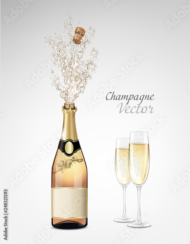 Vector bottle of classic champagne explosion and transparent glasses