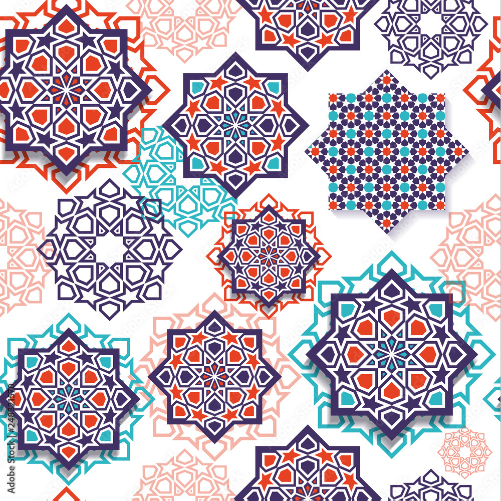 Naklejka premium Festival graphic of islamic geometric art. Seamless pattern decoration in colors. Eid Mubarak celebration.