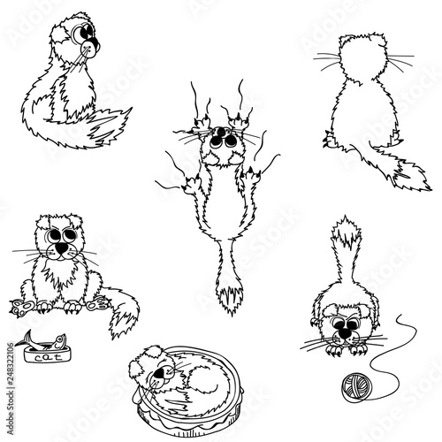 Vector set of cartoon imagesof a cats in different poses. The drawing is made by hand, not painted. The contours of the cat, which eats, sleeps, naughty. Pet. Vector illustration. Positive character.