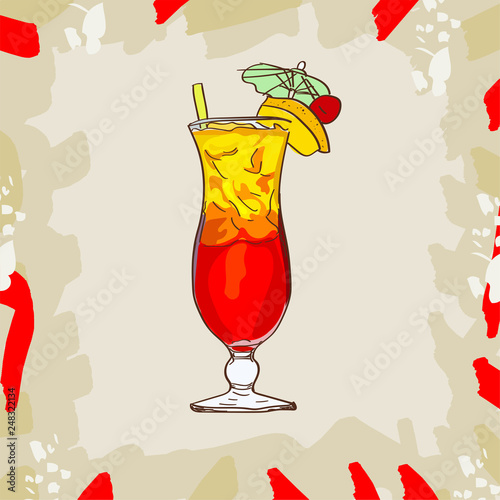Sex on the beach tropical cocktail illustration. Alcoholic classic bar drink hand drawn vector. Pop art