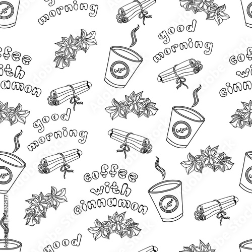 Hand drawn seamless pattern with hot cup of coffee with cinnamon. Hand drawn illustration. Sketch vector illustration