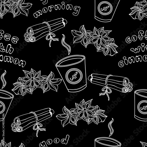 Hand drawn seamless pattern with hot cup of coffee with cinnamon. Hand drawn illustration. Sketch vector illustration