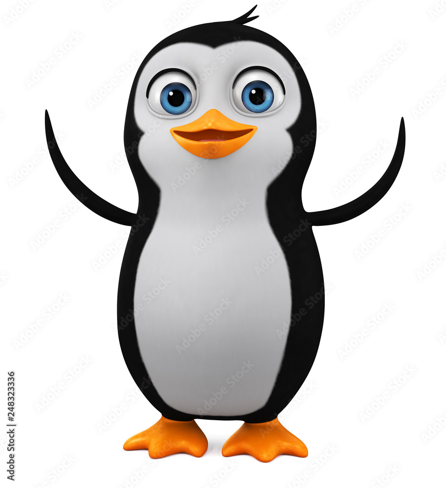 Obraz premium Cartoon penguin character with raised wings on a white background. Greeting. 3d rendering illustration.