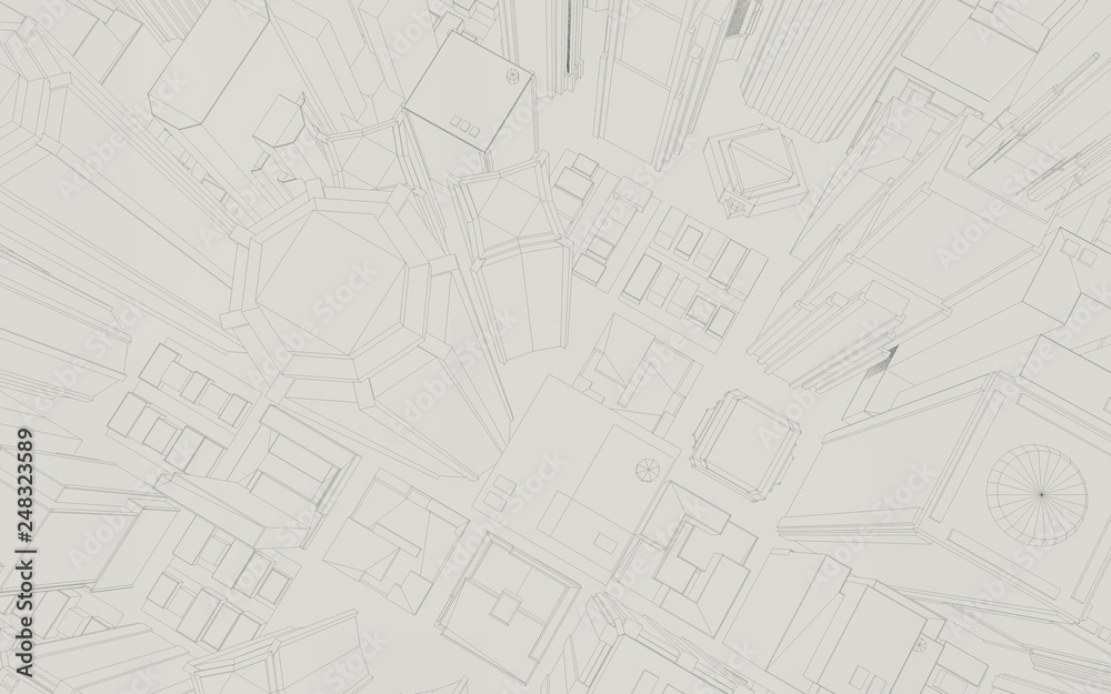 3d render of town wireframe. 3D model of the city