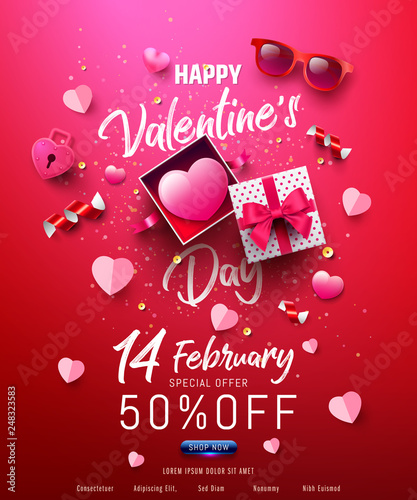 Valentine's Day Sale Poster or banner with sweet gift,sweet heart and lovely items on red background.Promotion and shopping template or background for Love and Valentine's day concept.Vector EPS10