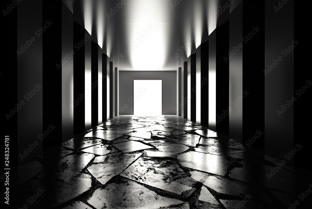 Background of empty room, corridor with concrete floor, tiles. Columns, spotlight, smoke Background of empty room, corridor with concrete floor, tiles. Columns, spotlight, smoke