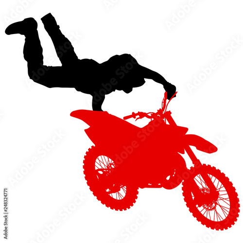 Silhouette of motorcycle rider performing trick on white background