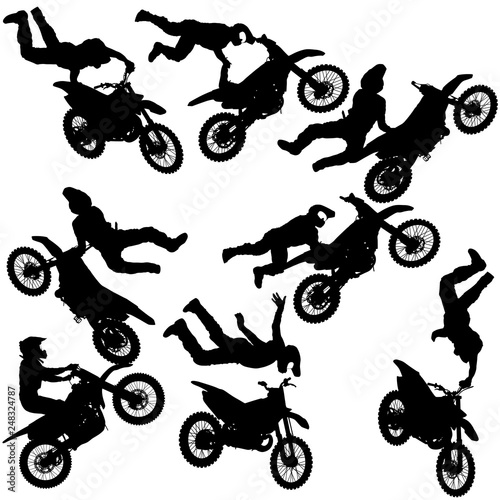 Set silhouette of motorcycle rider performing trick on white background