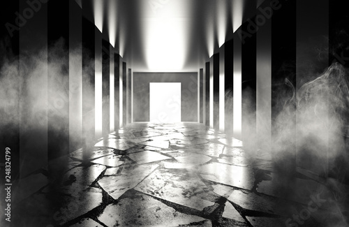 Background of empty room  corridor with concrete floor  tiles. Columns  spotlight  smoke