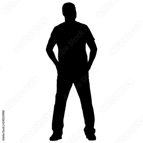 Black silhouette man standing, people on white background.