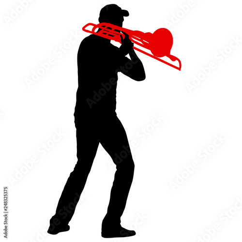 Silhouette of musician playing the trombone on a white background