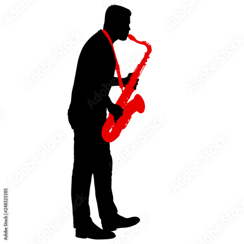 Silhouette of musician playing the saxophone on a white background