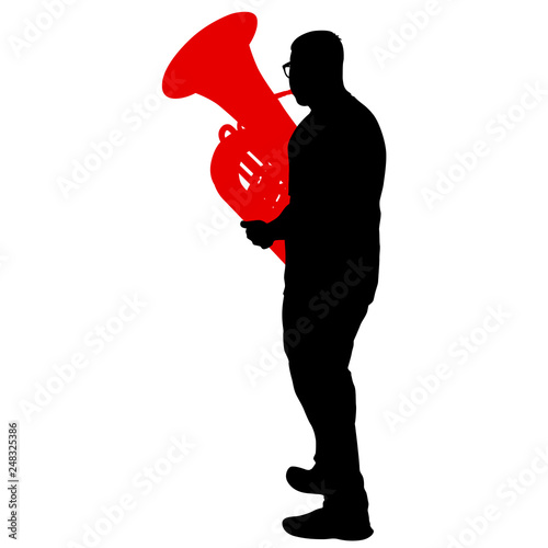 Silhouette of musician playing the tuba on a white background