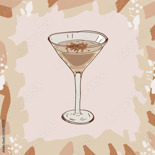 Brandy Alexander cocktail illustration. Alcoholic classic bar drink hand drawn vector. Pop art