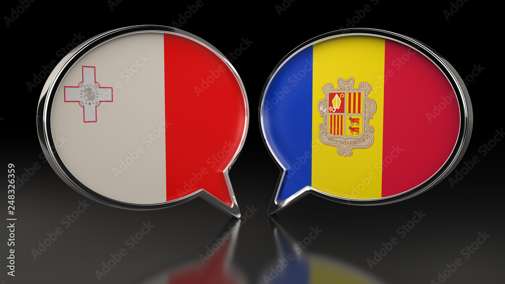 Malta and Andorra flags with Speech Bubbles. 3D illustration Malta and Andorra flags with Speech Bubbles. 3D illustration