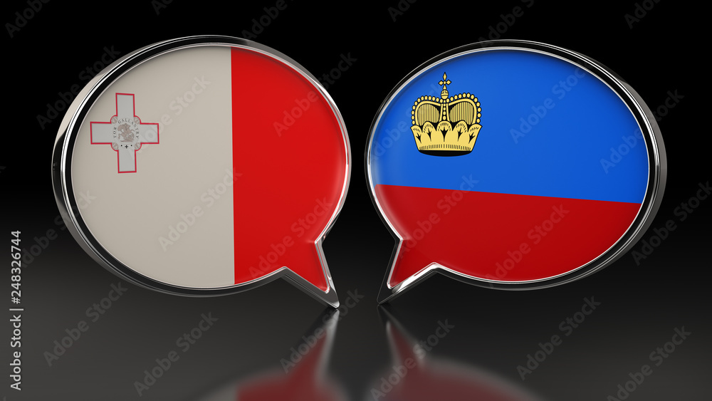 Malta and Liechtenstein flags with Speech Bubbles. 3D illustration Malta and Liechtenstein flags with Speech Bubbles. 3D illustration