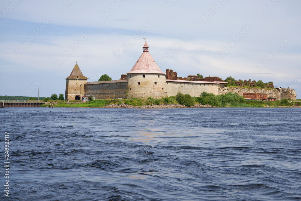 View of the Oreshek fortress from the Neva water area on a July afternoon. Leningrad region, Russia