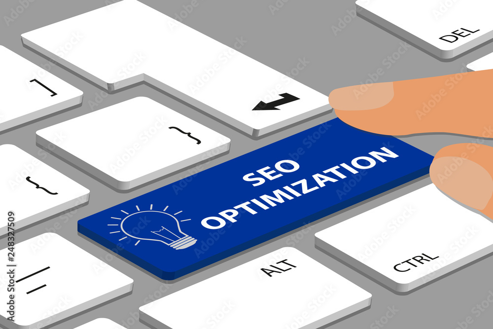 Keyboard With Blue SEO Optimization Button - Computer Or Laptop With Fingers - Editable Vector Illustration Keyboard With Blue SEO Optimization Button - Computer Or Laptop With Fingers - Editable Vector Illustration