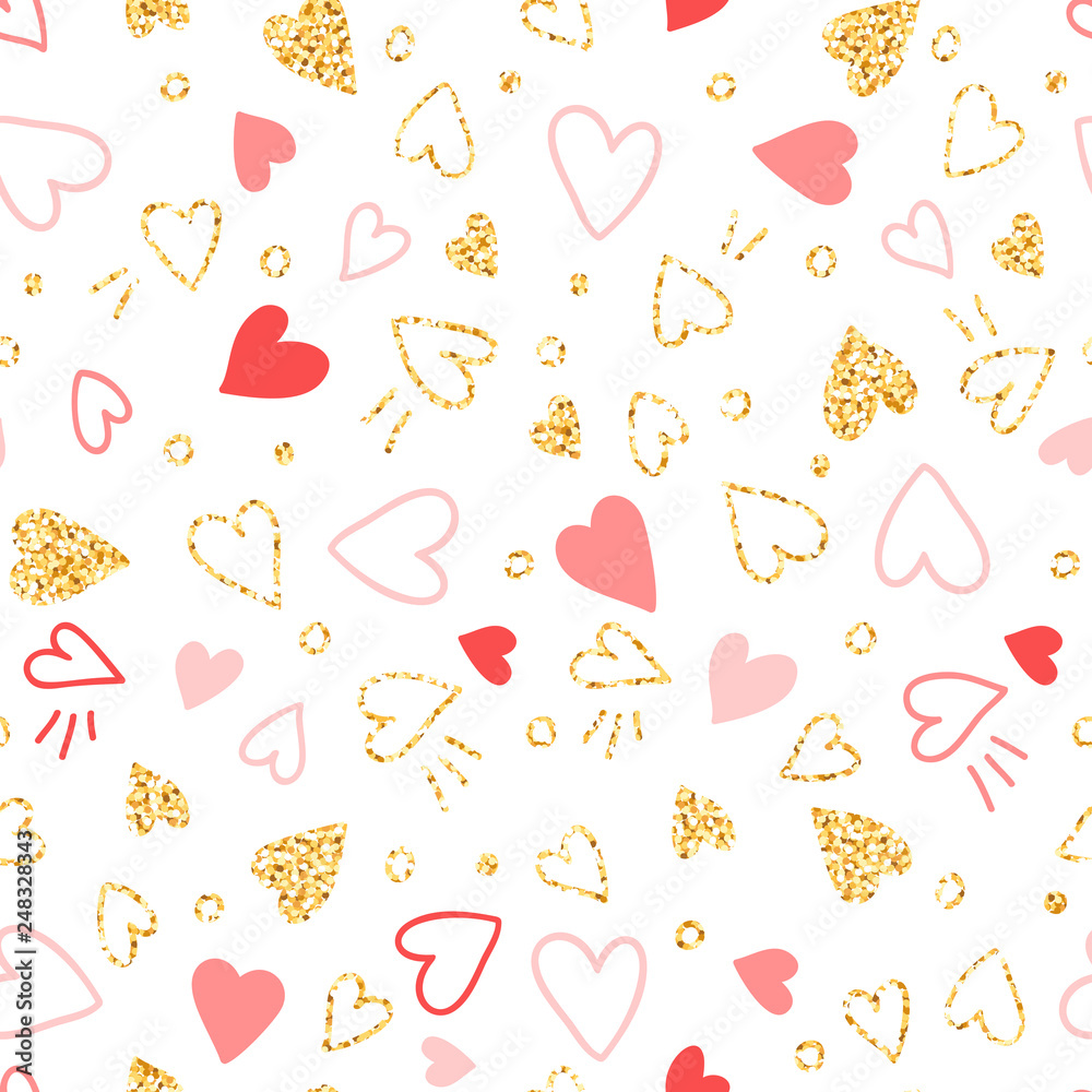 Seamless love pattern with gold glitter and pink hearts