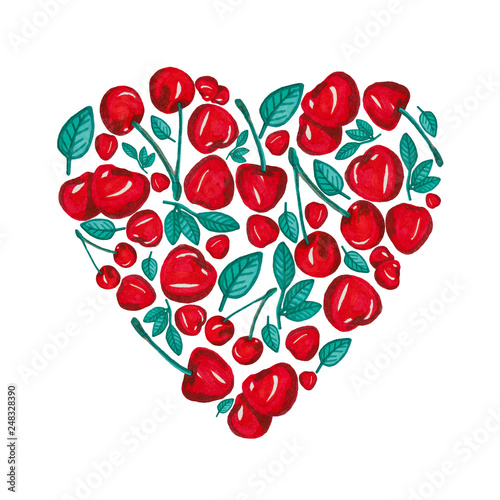 Heart shape with hand drawn cherry and leaf, painting isolated on white