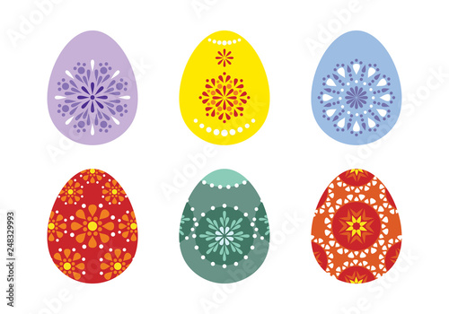 Set of Easter eggs painted with traditional patterns. Collection of colorful vector images isolated on white background. Template for Easter cards design, banner, poster.