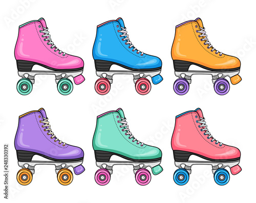 Sport style hipster fashion set of retro colorful roller skates