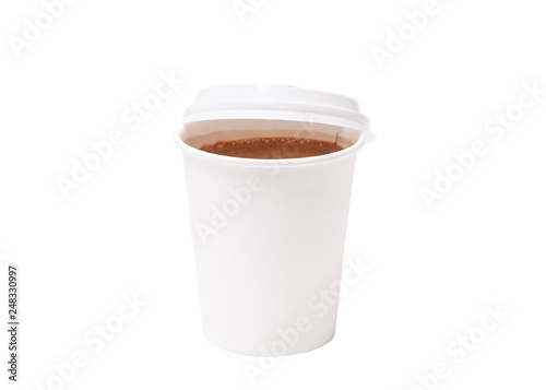 Coffee in takeaway cup isolated on white background. Coffee in takeaway paper cup on white background. Space for design