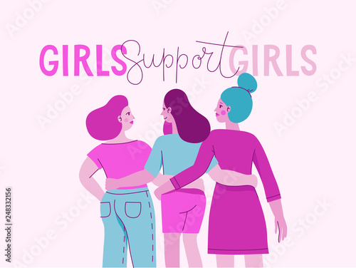 Vector illustration with female character and hand lettering phrase girls support girls